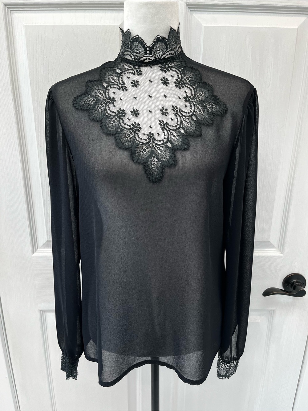 Vintage Black Lace High Neck Sheer Blouse Medium Gothic Whimsigoth Victorian